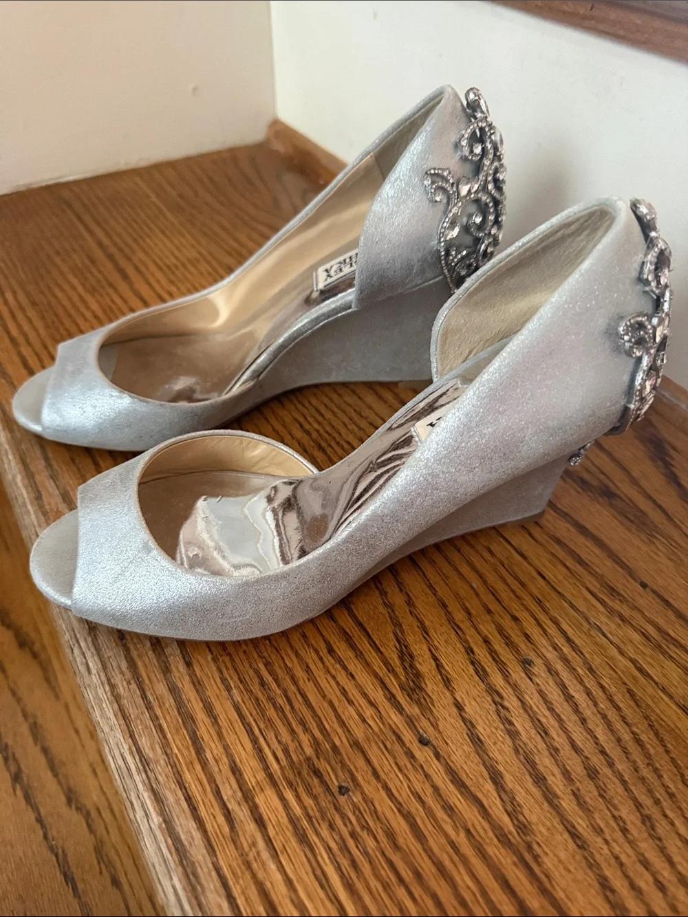 Badgley Mischka Silver Crystal-Embellished Peep-Toe Wedges
